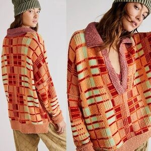 Free People Ruben Multicolor Plaid V-Neck Pullover Sweater